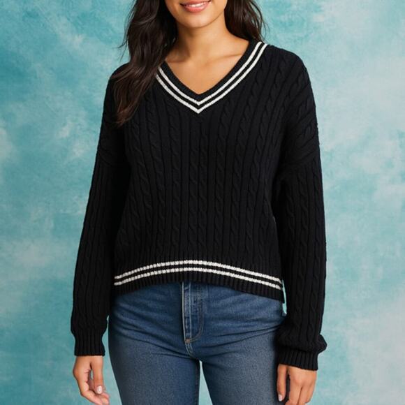 Hollister Black Cable Knit Varsity Sweater Size XS - Picture 1 of 5